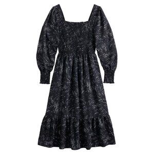Women's Nine West Long Sleeve Squareneck Smocked Dress Black Whisps  Sz med